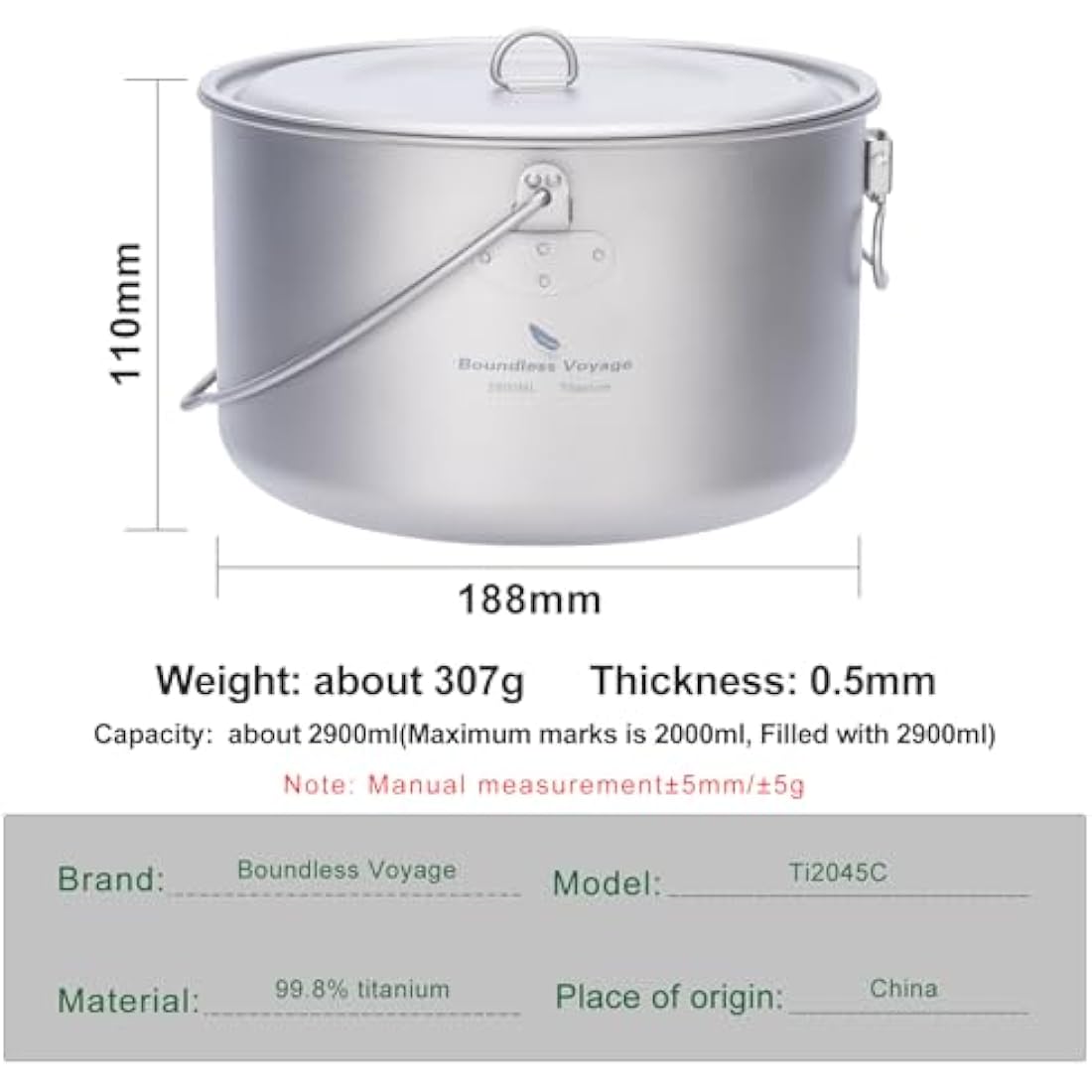 iBasingo 2.9L Titanium Camping Pot | Ultralight Hanging Cookware with Lid