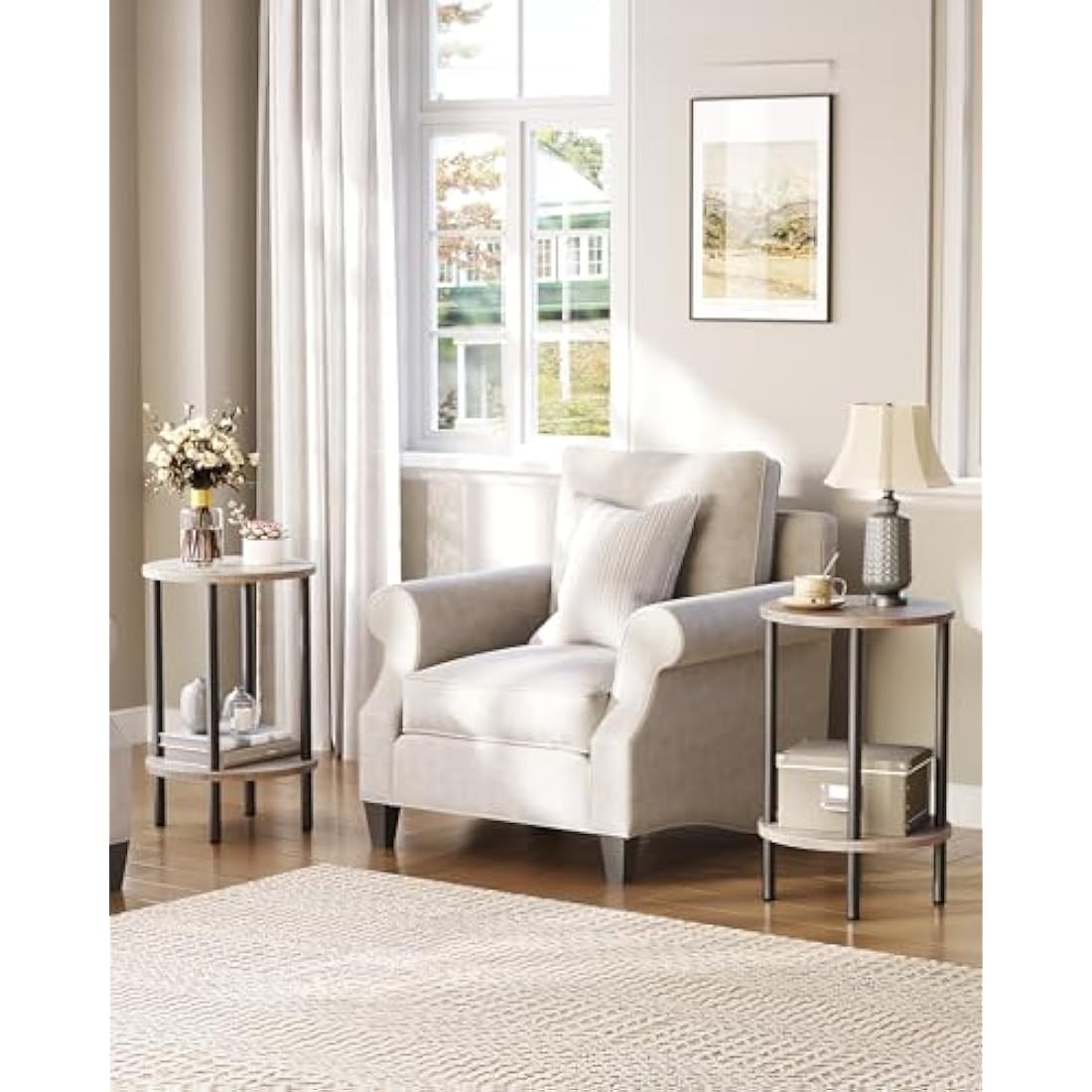 CHOEZON 2-Tier Round Side Table | Industrial Greige End Table Nightstand