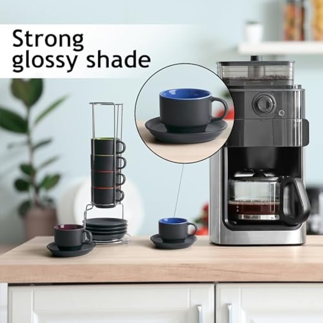 MIAMIO 75ml Espresso Cup Set of 6 | Matte Black Ceramic with Stand