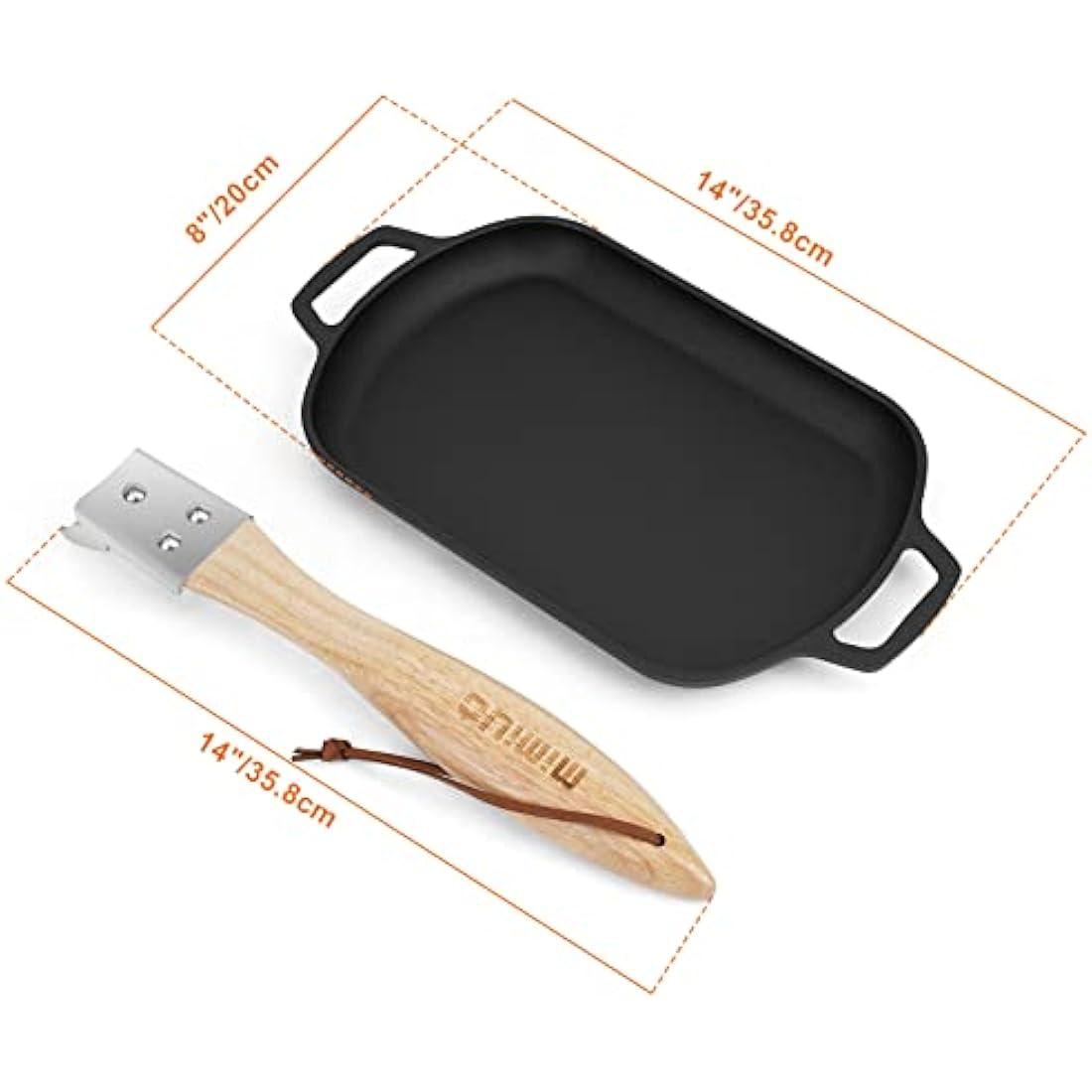 Mimiuo Cast Iron Griddle Pan – Rectangular Sizzler with Wood Handle