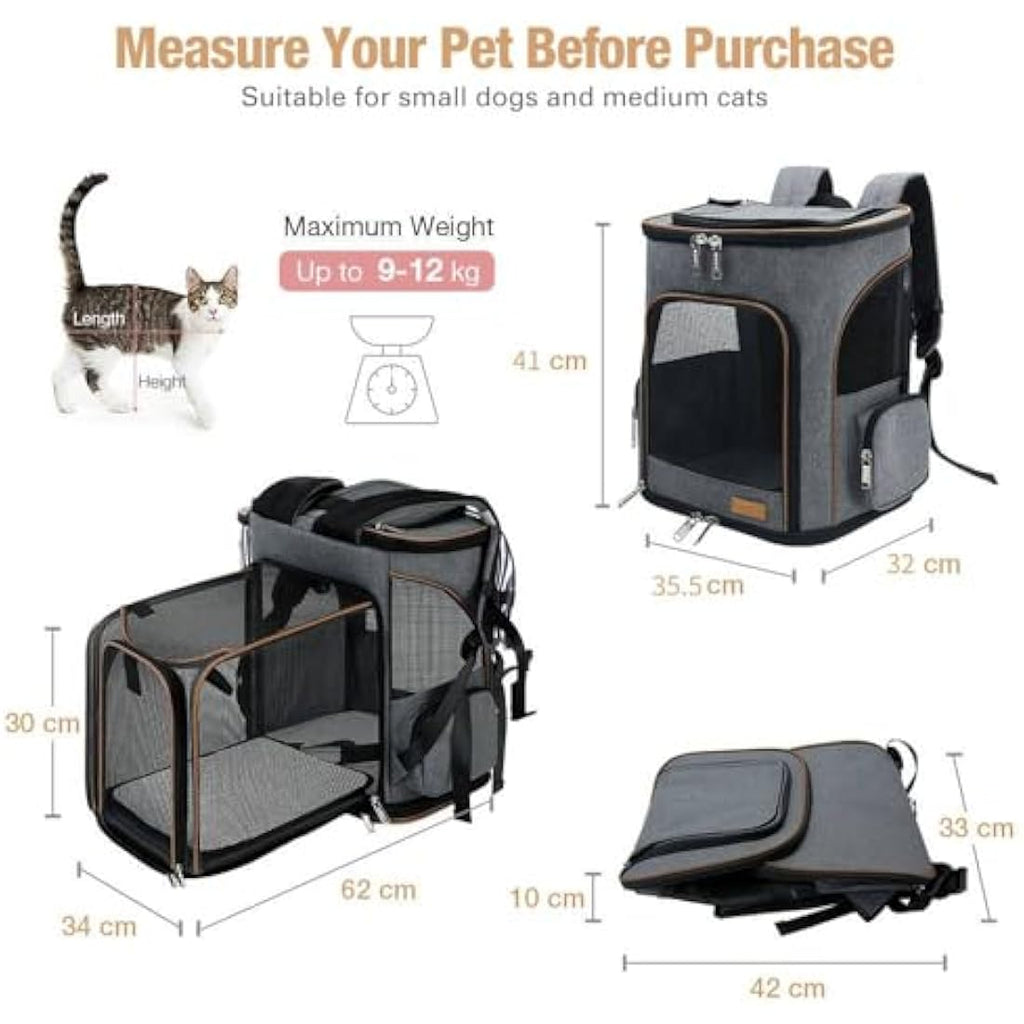 Lekesky Expandable Cat Carrier Backpack | Breathable Pet Rucksack - Grey