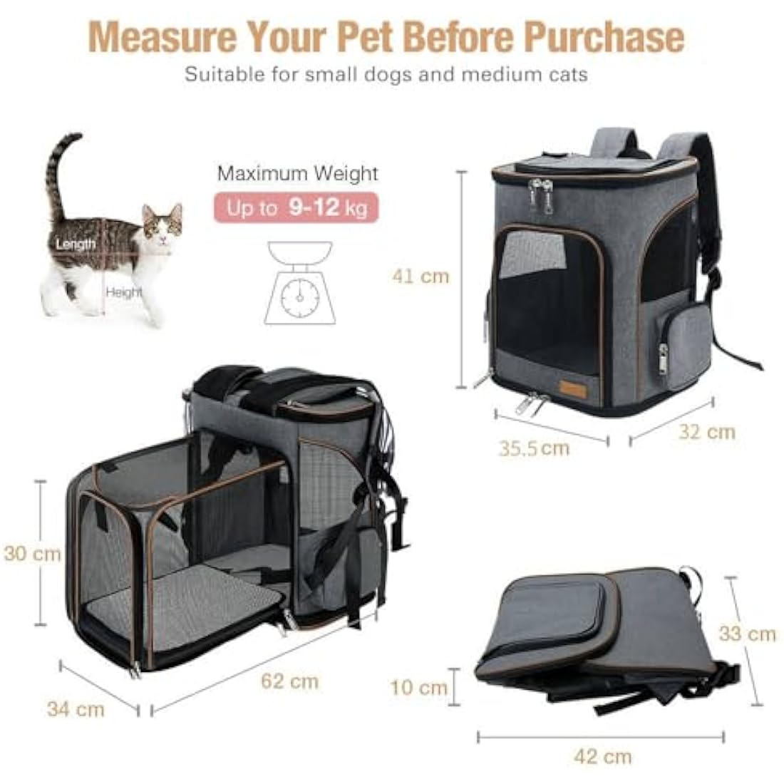Lekesky Expandable Cat Carrier Backpack | Breathable Pet Rucksack - Grey
