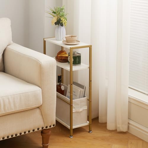 Aibiju Narrow Side Table | 3-Tier Slim End Table with Fabric Basket, White