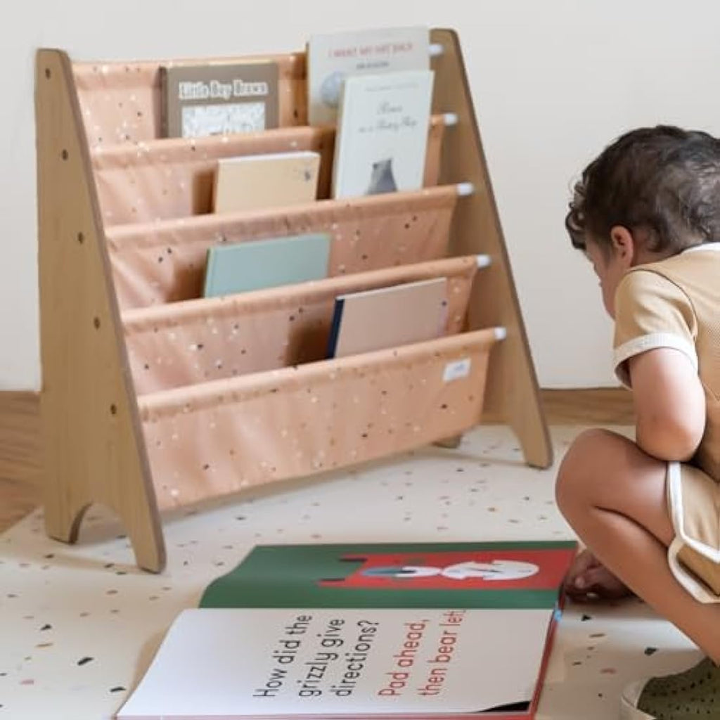 3 Sprouts Kids Bookshelf – 4-Tier Recycled Fabric Sling Book Rack, Terrazzo