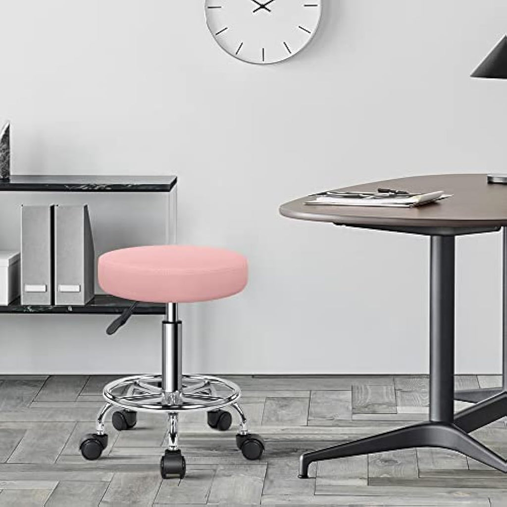 KKTONER PU Leather Rolling Stool - Swivel Salon Chair with Footrest, Pink