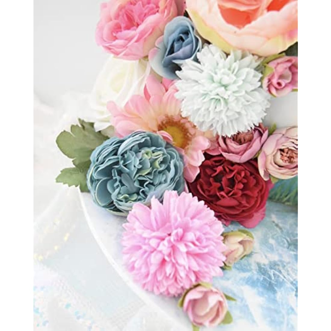 Silk Peony and Tea Rose Artificial Bouquet - Blue, 9 Heads