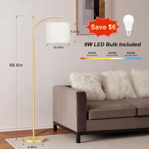 Aooshine Gold Floor Lamp – 3 Color Temperatures & Adjustable Shade