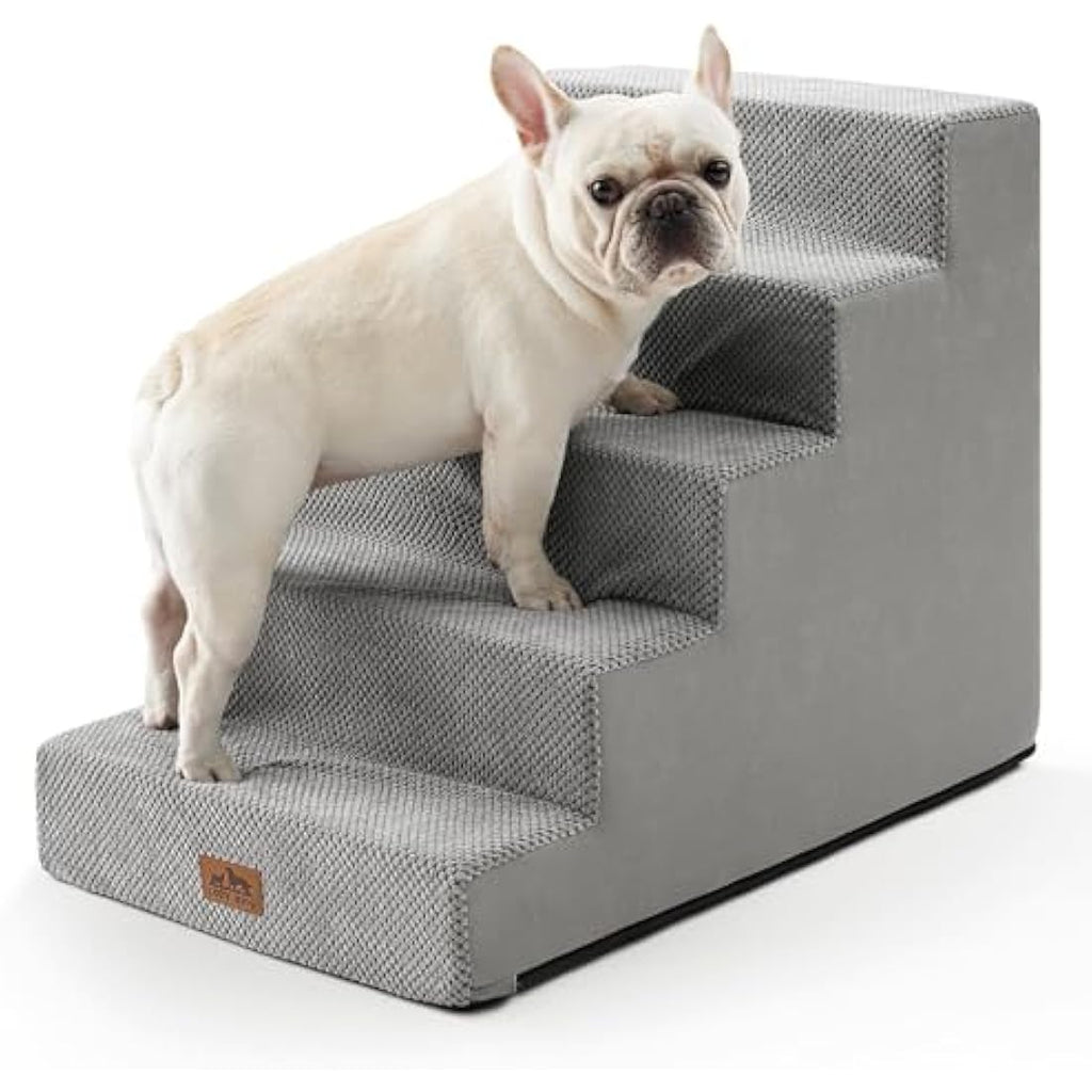 COZY KISS 5-Tier Wide Foam Dog Stairs for High Beds – Non-Slip Grey