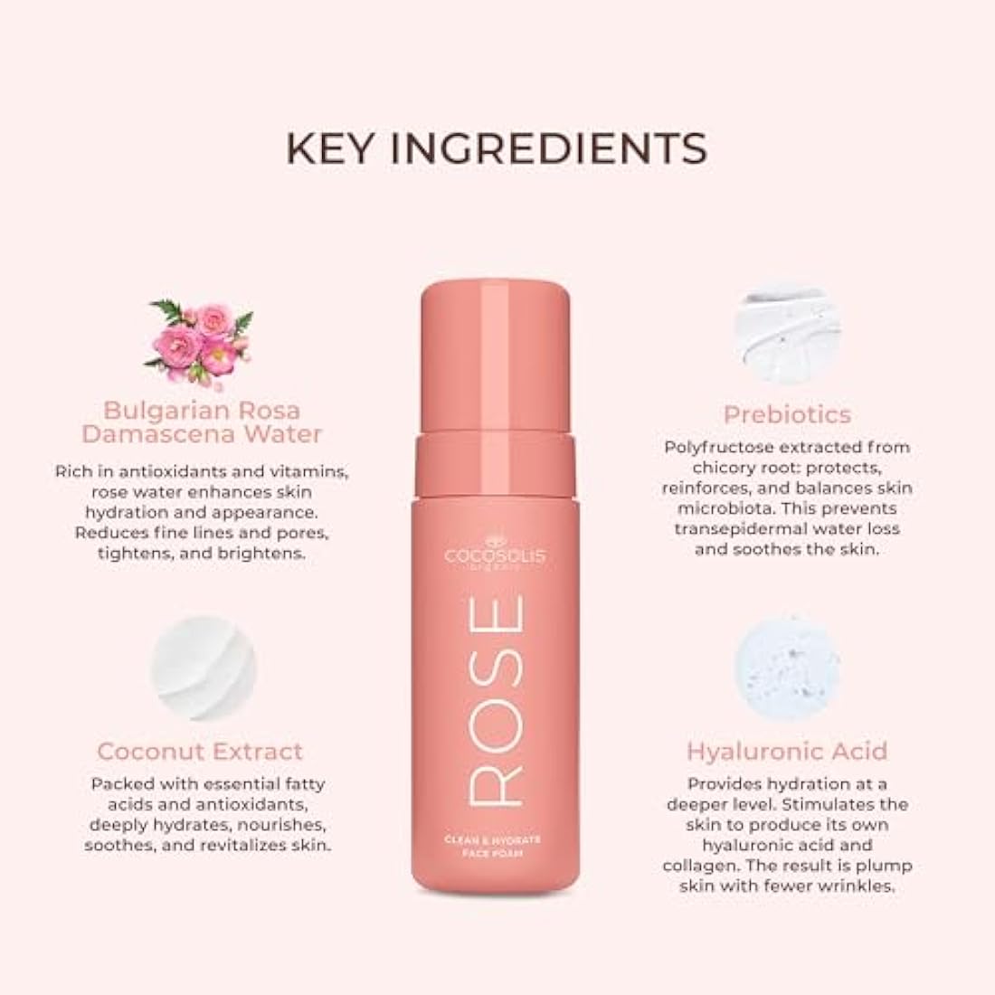 COCOSOLIS Rose Face Foam – Hydrating Hyaluronic Acid Pore Cleanser