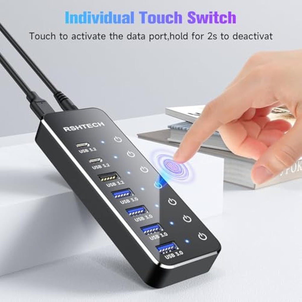 RSHTECH 7-Port Powered USB Hub | 10Gbps USB-C & USB 3.2 Aluminum Splitter