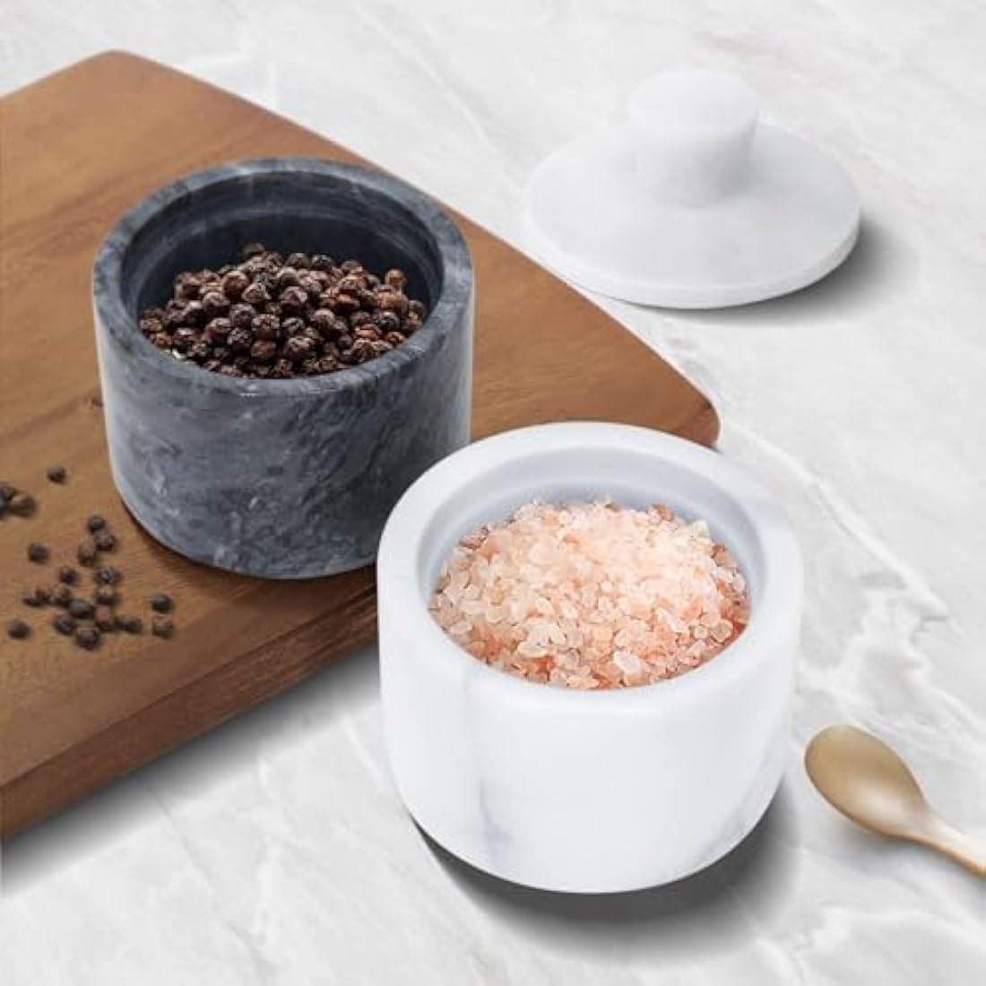 Flexzion Marble Salt Cellar with Lid – Set of 2 Black & White Bowls