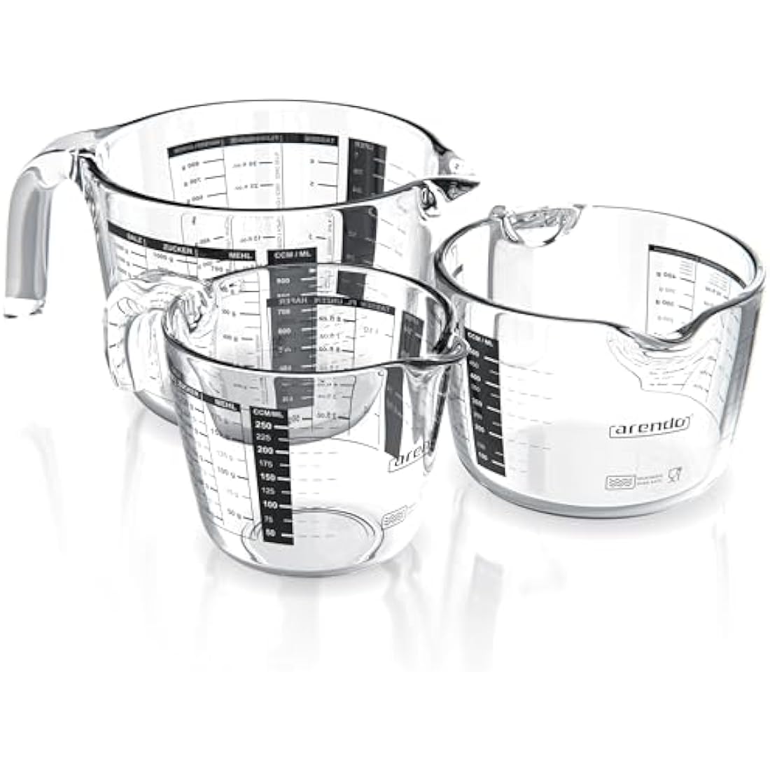 Arendo Borosilicate Glass Measuring Jug Set - 250ml, 500ml, 1000ml