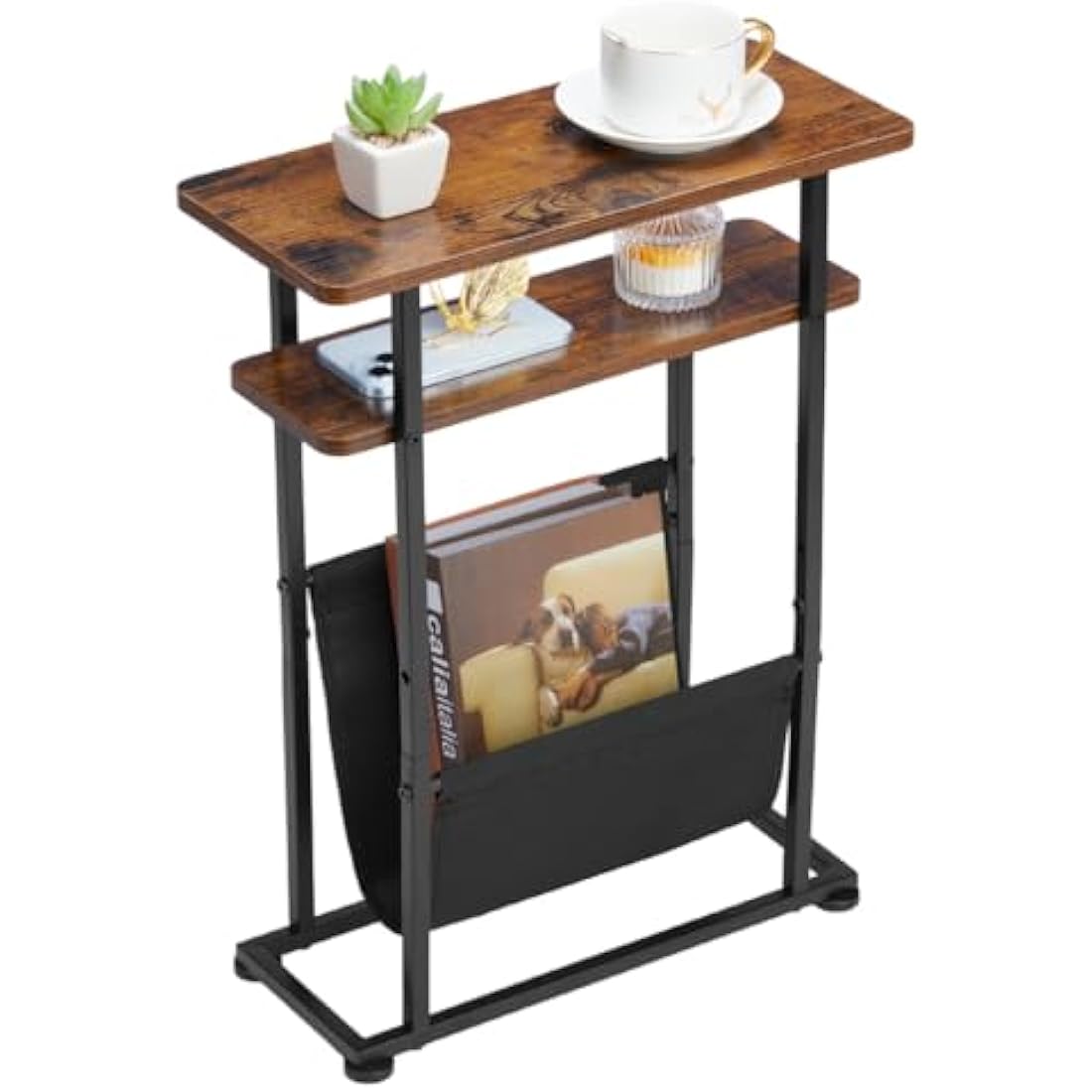 ZEXVIDA Slim Side Table with Magazine Holder – Narrow Industrial End Table