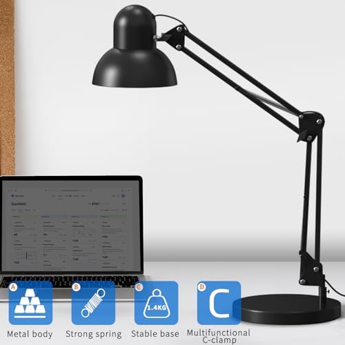 LONGTOO Swing Arm Desk Lamp | Adjustable Metal Clamp Light with E27 Bulb