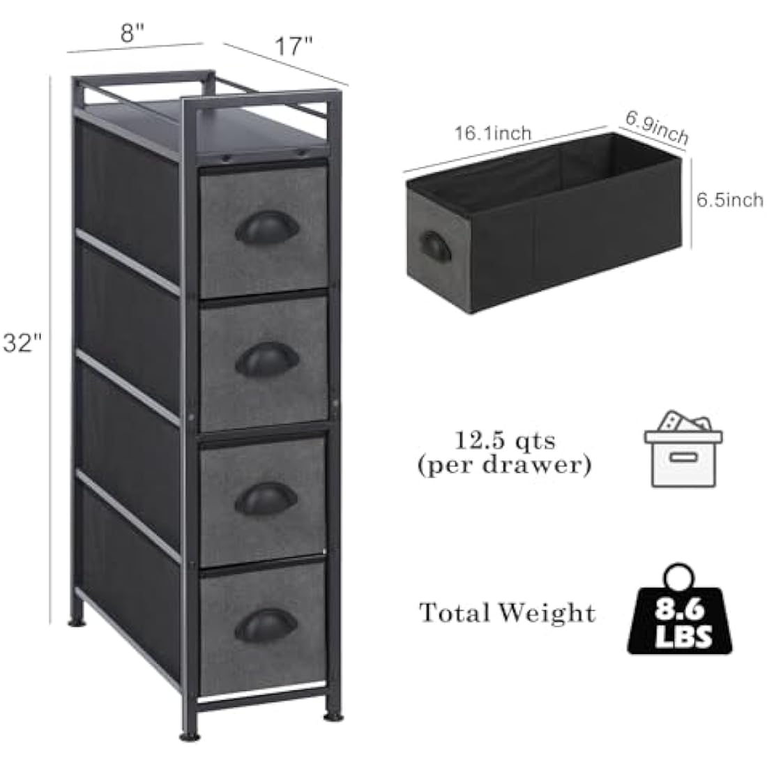 LIANTRAL Slim Vertical Chest of Drawers | 4 Fabric Drawers Narrow Dresser