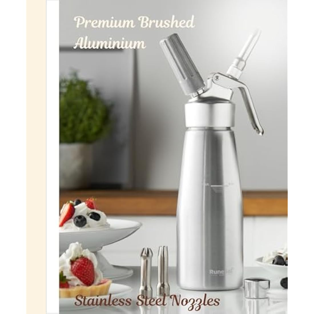 Runesol 500ml Aluminium Whipped Cream Dispenser with 3 Stainless Nozzles