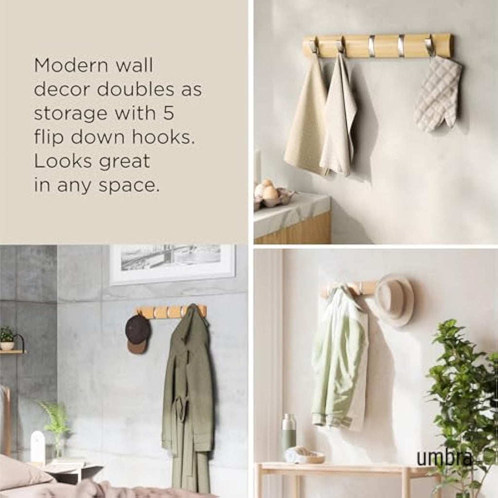 Umbra Flip 5-Hook Wall Mounted Coat Rack – Modern Natural Wood Hanger