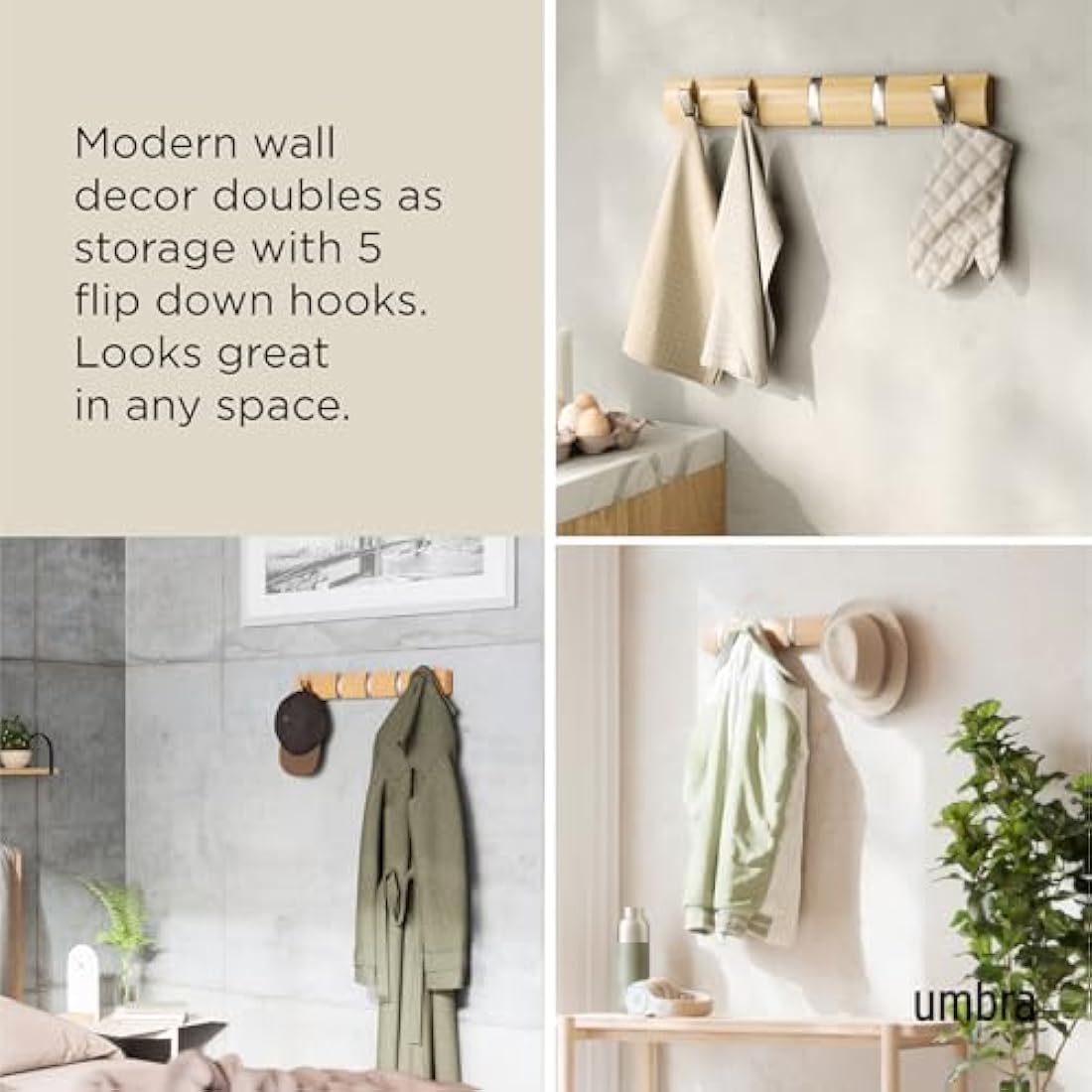 Umbra Flip 5-Hook Wall Mounted Coat Rack – Modern Natural Wood Hanger