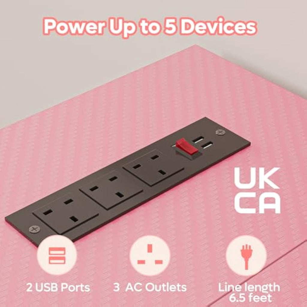 Bestier Pink L-Shaped Gaming Desk with LED Lights and Power Outlets