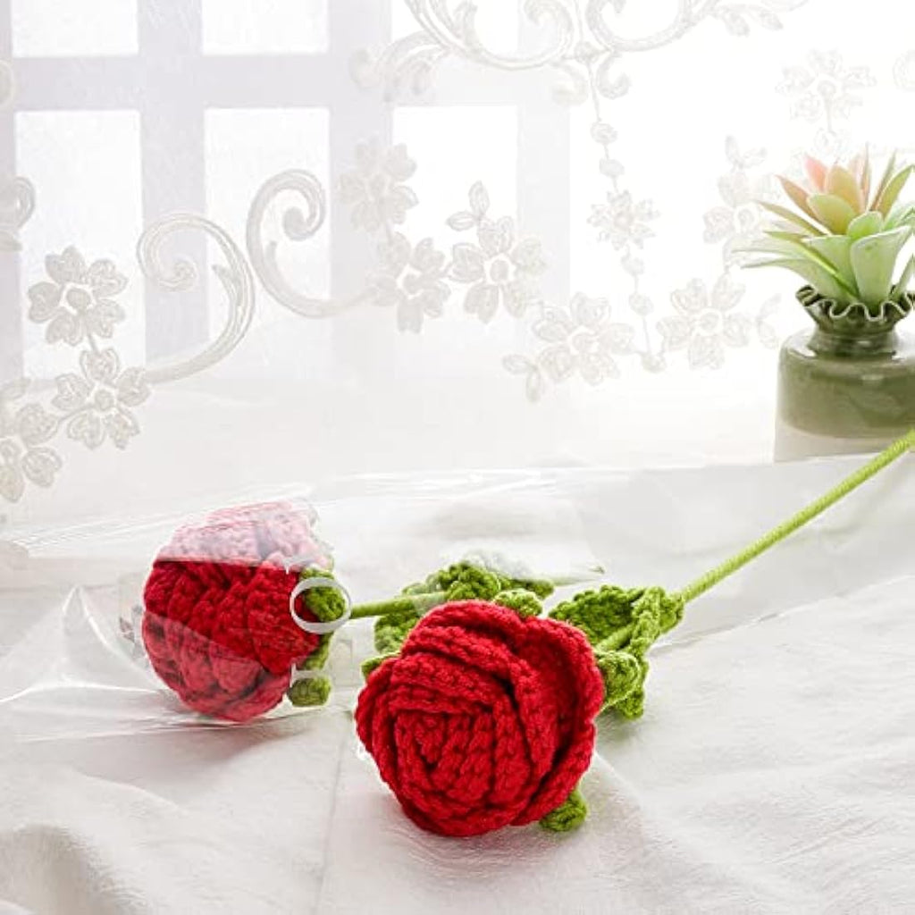 FINGERINSPIRE Handmade Crochet Rose Bouquet – 2pcs Knitted Red Flowers