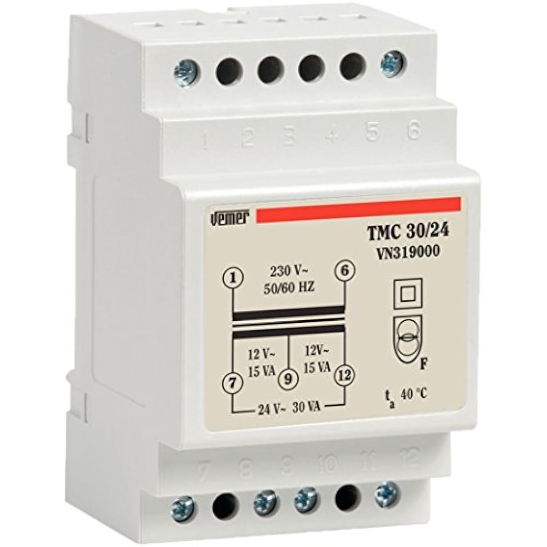 Vemer TMC 30/24 DIN Rail Transformer | 230V to 12-24V | 30VA Power