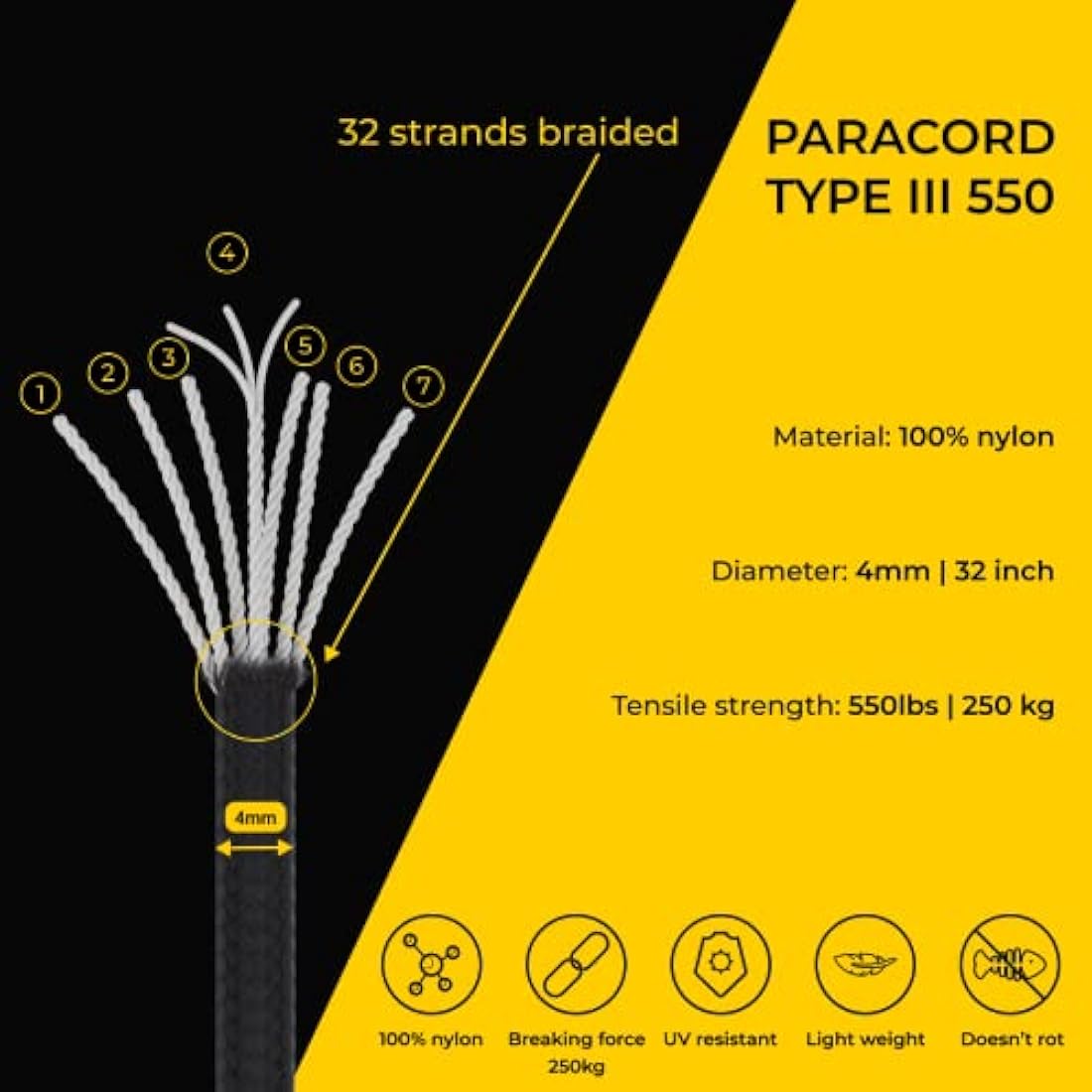 EDCX 550 Paracord – 4mm 7-Strand Nylon Rope for Camping & DIY, 15m