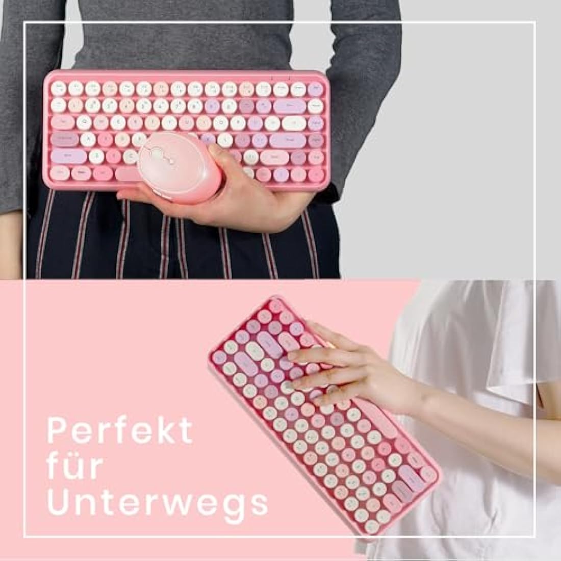 Perixx PERIDUO-713 Wireless Retro Typewriter Keyboard and Mouse - Pink