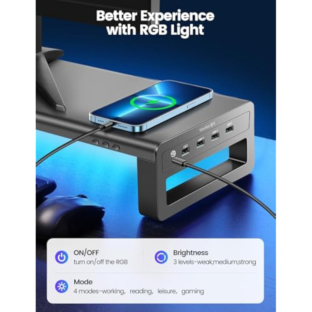 Vaydeer Aluminum Monitor Stand Riser with 4 USB 3.0 Ports – Black