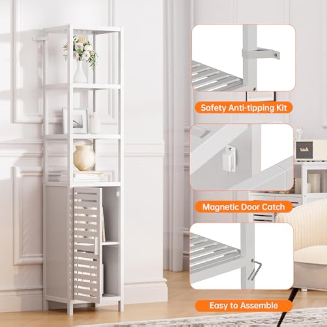 HITNET Bamboo Tall Bathroom Storage Cabinet | 6-Tier Linen Tower, White