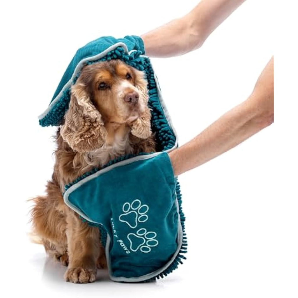 Lucky Paws Chenille Dog Towel with Hand Pockets – Absorbent Teal, 2 Pack