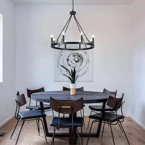 ASHUAQI 8-Light Wagon Wheel Chandelier | Black Modern Farmhouse Light