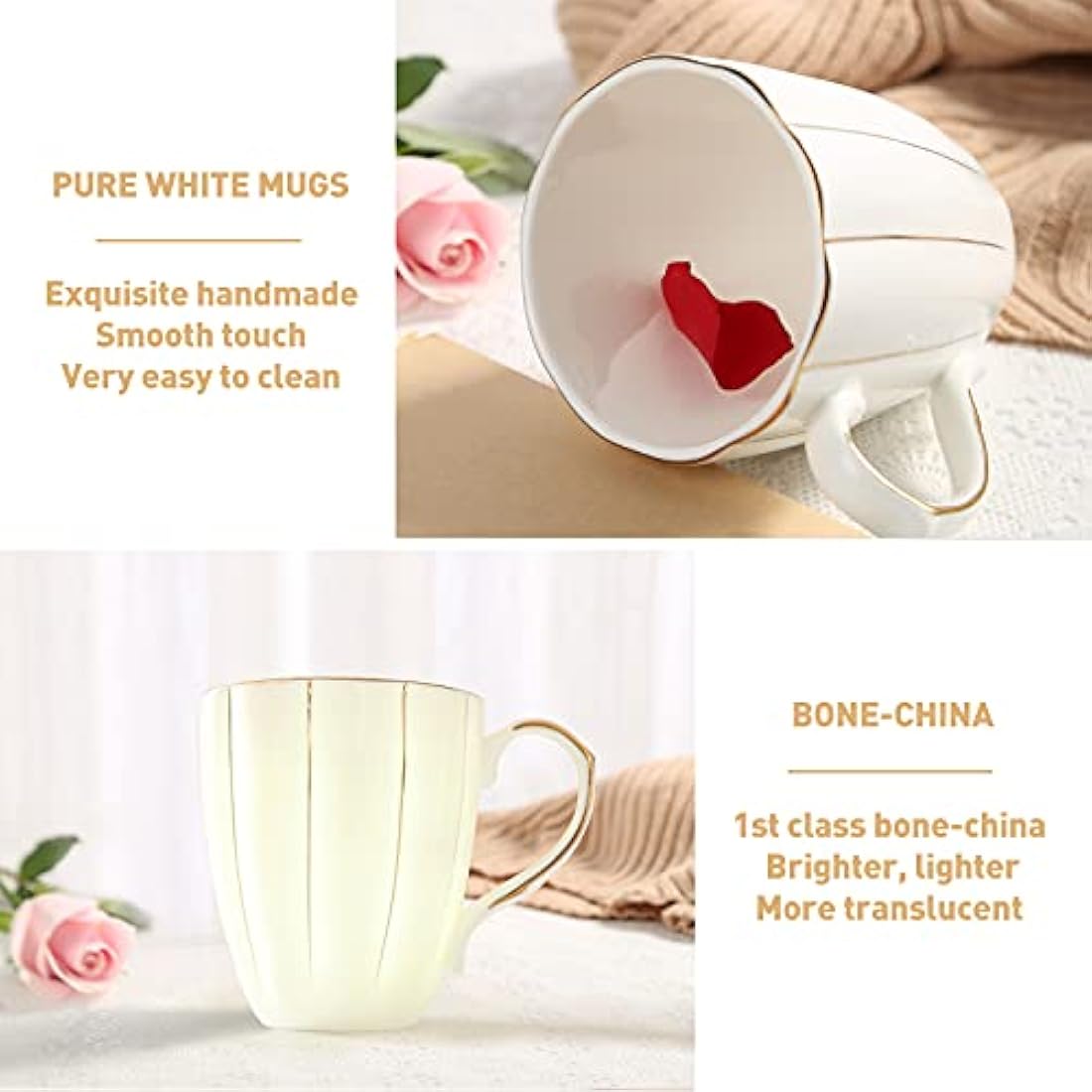 DUJUST Bone China Coffee Mug Set of 4 | Luxury Gold Trim Pumpkin Cups