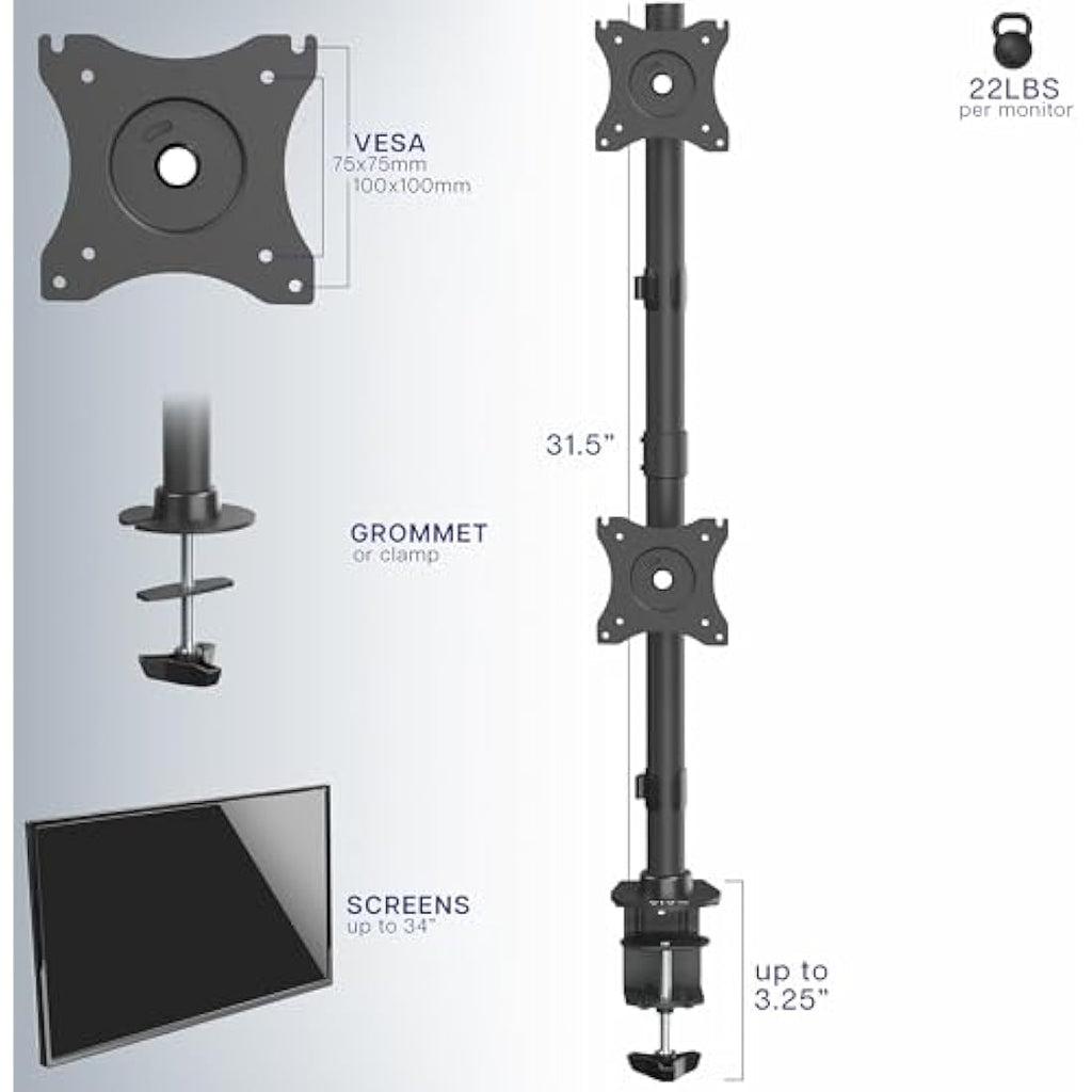 VIVO Dual Monitor Desk Mount | Stacked Vertical Stand for 13-34" Screens