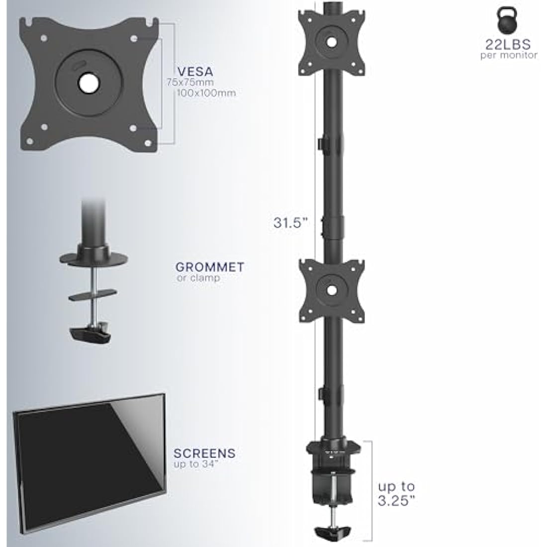 VIVO Dual Monitor Desk Mount | Stacked Vertical Stand for 13-34" Screens