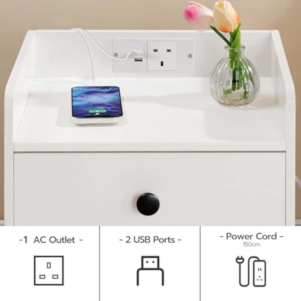 HOOBRO White Bedside Table with Charging Station and Drawer
