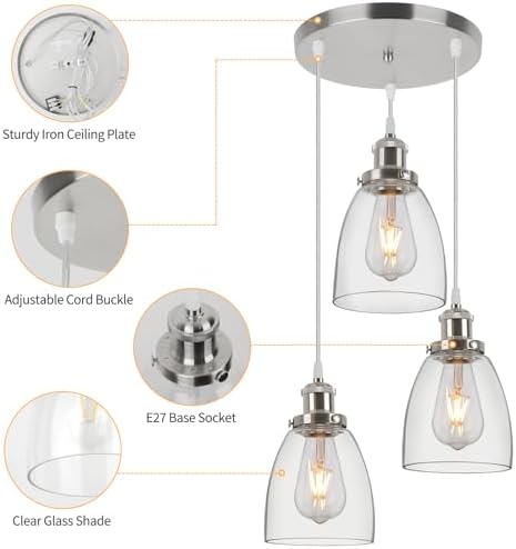 Jolof Store Industrial 3-Light Glass Pendant Light – Brushed Nickel Cone