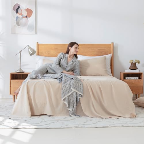 Simple&Opulence Linen Cotton Double Flat Sheet | Breathable Beige Bedding