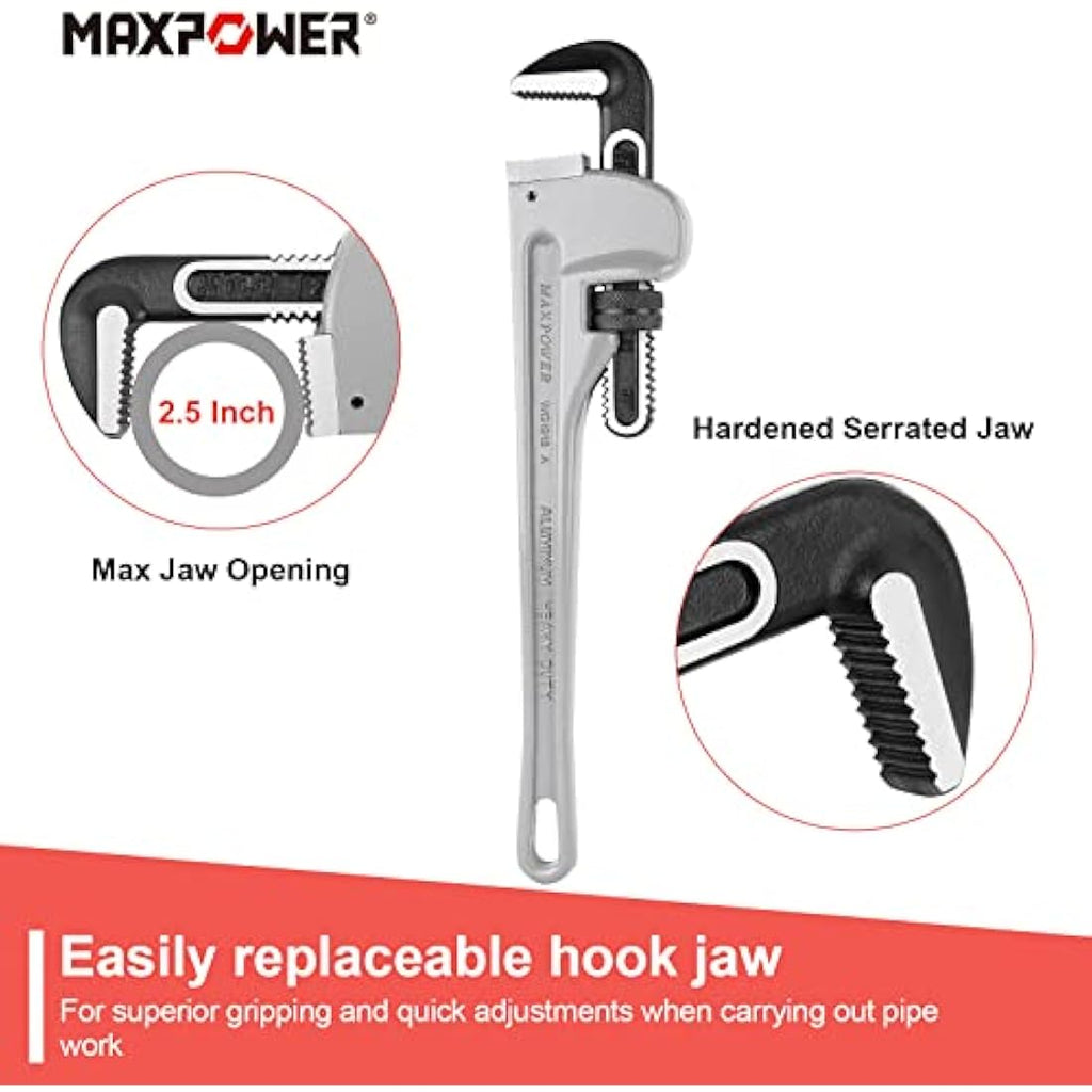 MAXPOWER 18" Heavy Duty Aluminum Pipe Wrench | 60mm Jaw Stillson Tool