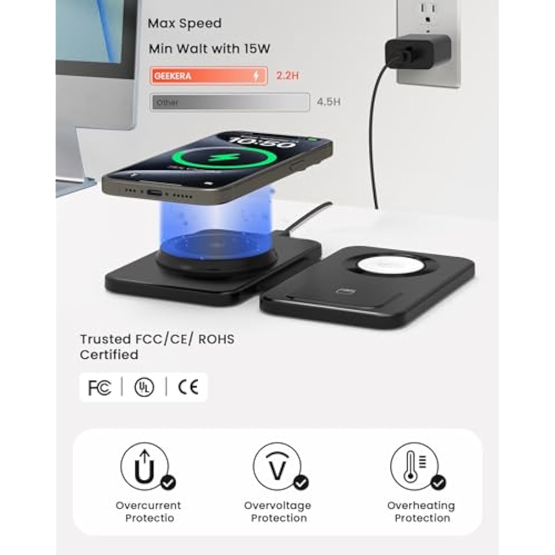 GEEKERA 3-in-1 Magnetic Wireless Charging Station for iPhone & Apple Watch