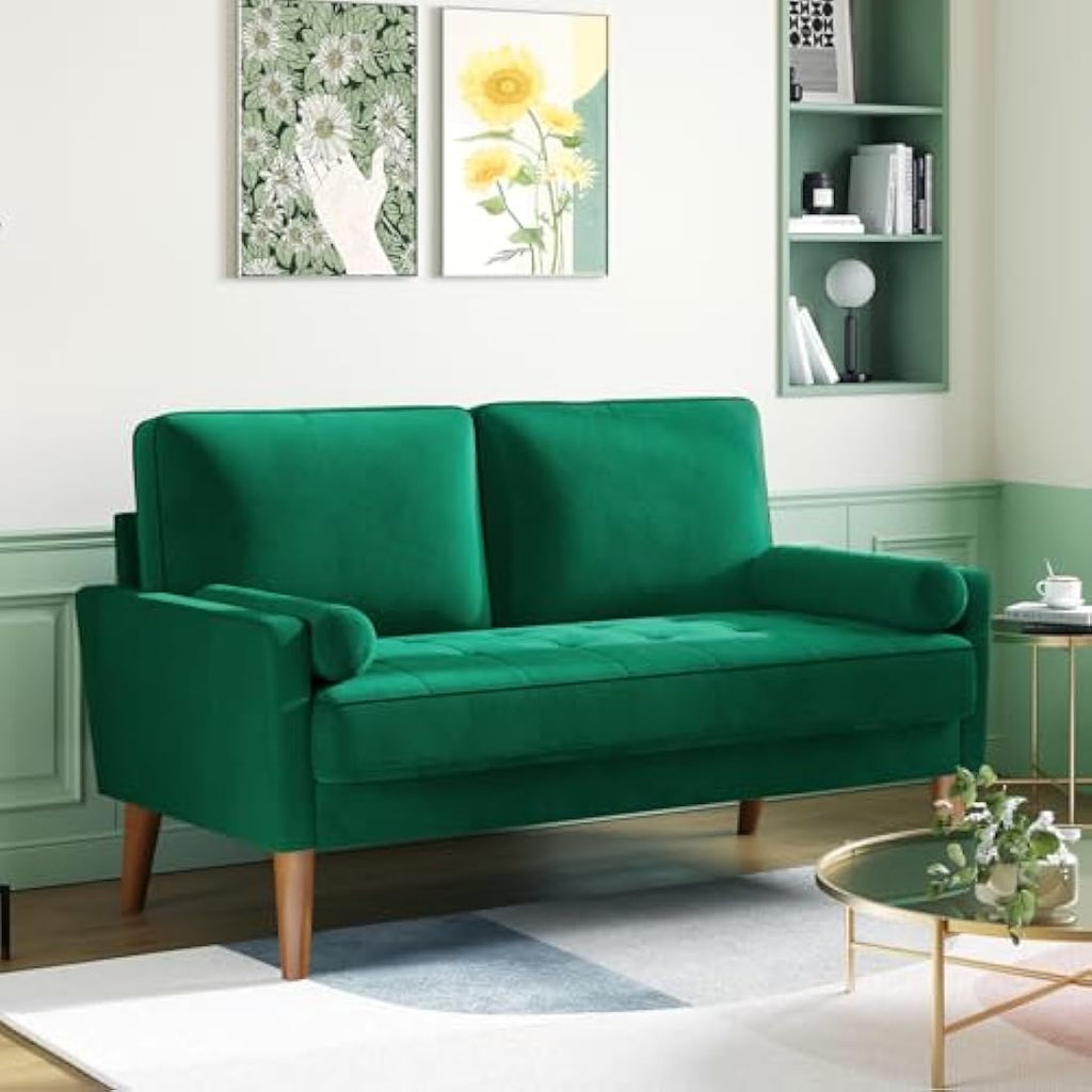 Vesgantti 2 Seater Velvet Sofa – Modern Green Loveseat with Wood Legs
