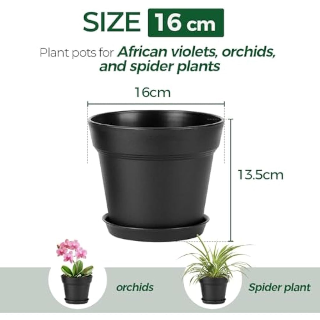 T4U Plastic Plant Pots with Saucers - 6-Pack Modern Indoor Planters, 16CM