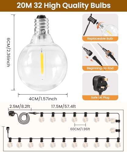 ZYRIVON 20M Outdoor String Lights | 32 Shatterproof G40 LED Garden Lights