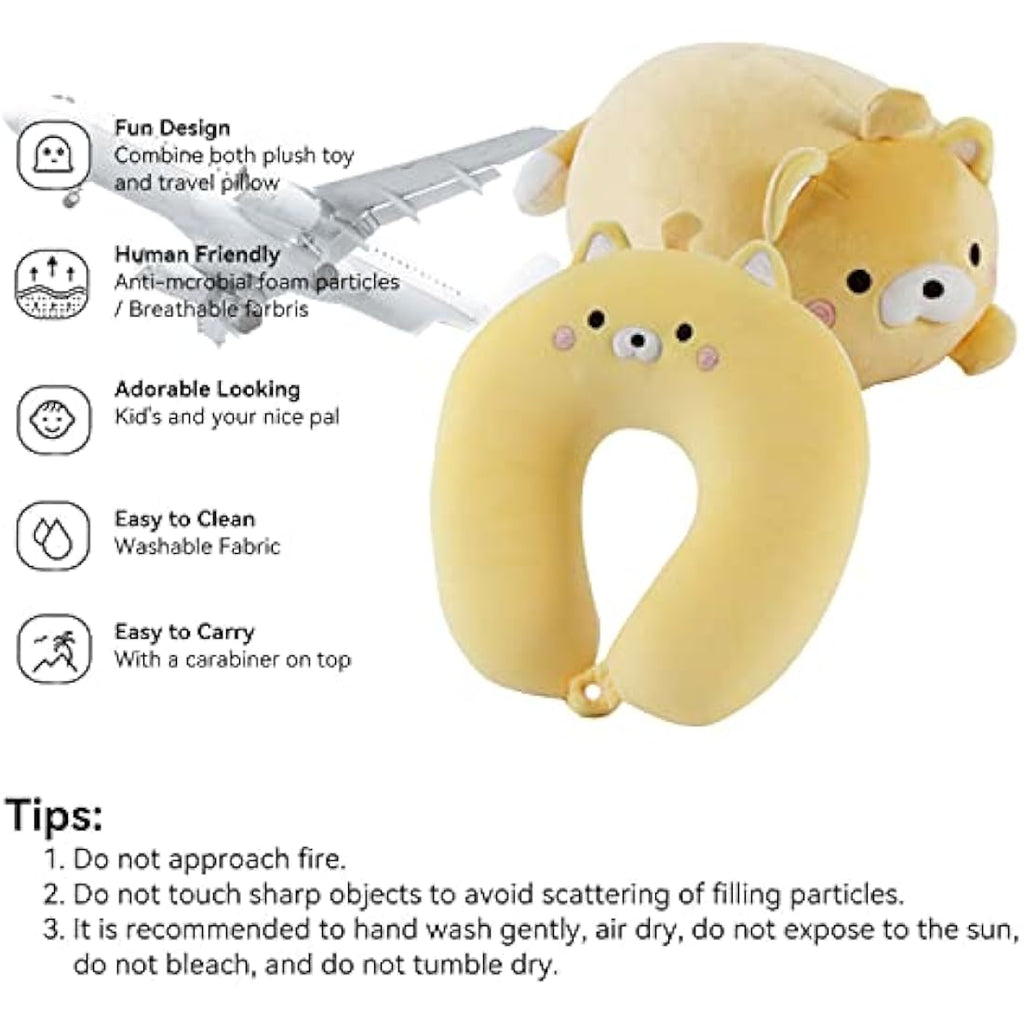 JOYRAVO Kids 2-in-1 Travel Pillow | Soft Plush Yellow Bear Neck Support