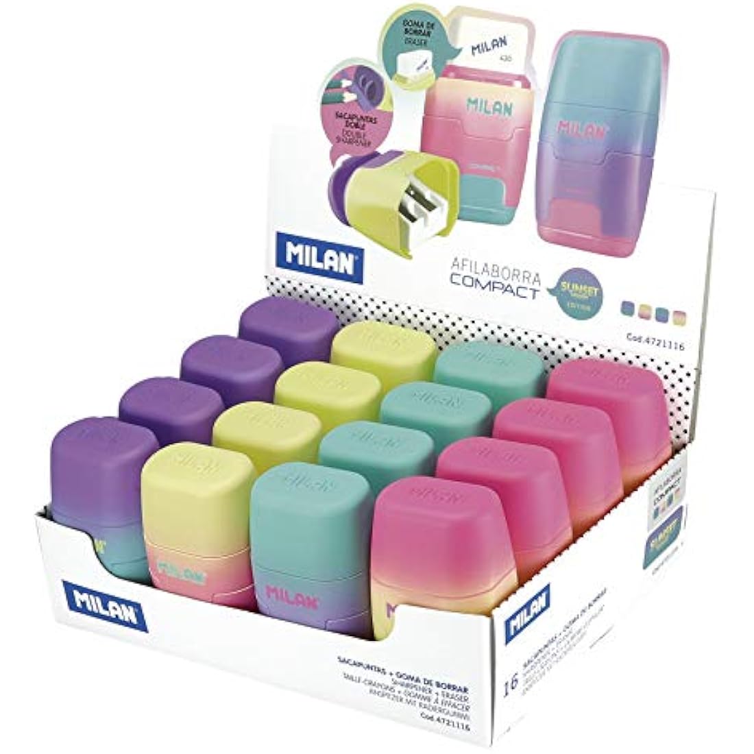 MILAN Compact Sunset Pencil Sharpener and Eraser – Assorted Colours