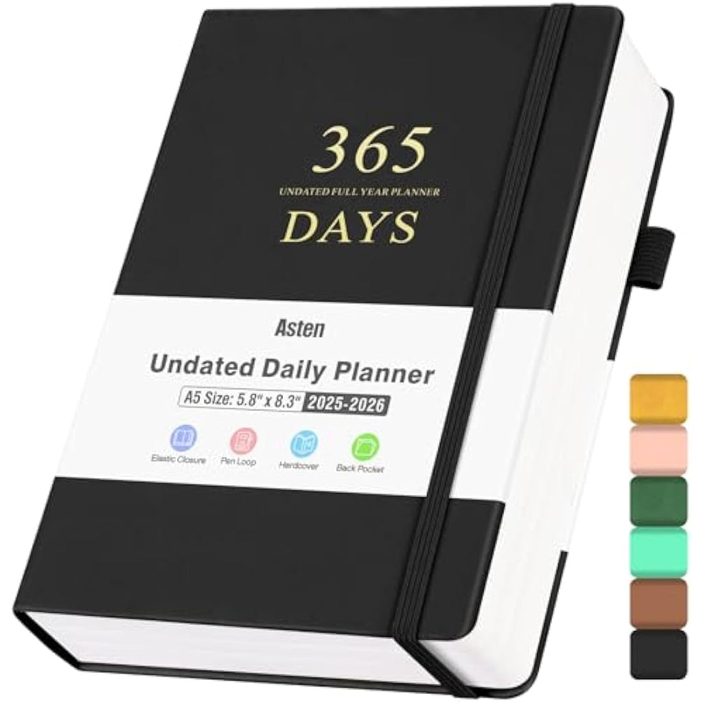Undated Daily Planner – Hourly Productivity Agenda, Black PU Leather