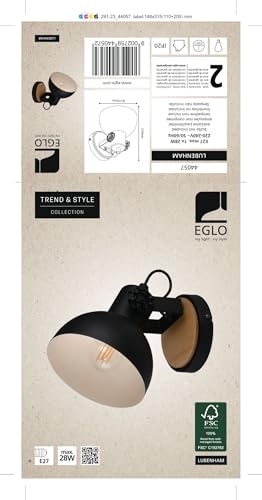 Eglo Lubenham Vintage Industrial Wall Light – Black Steel & Wood