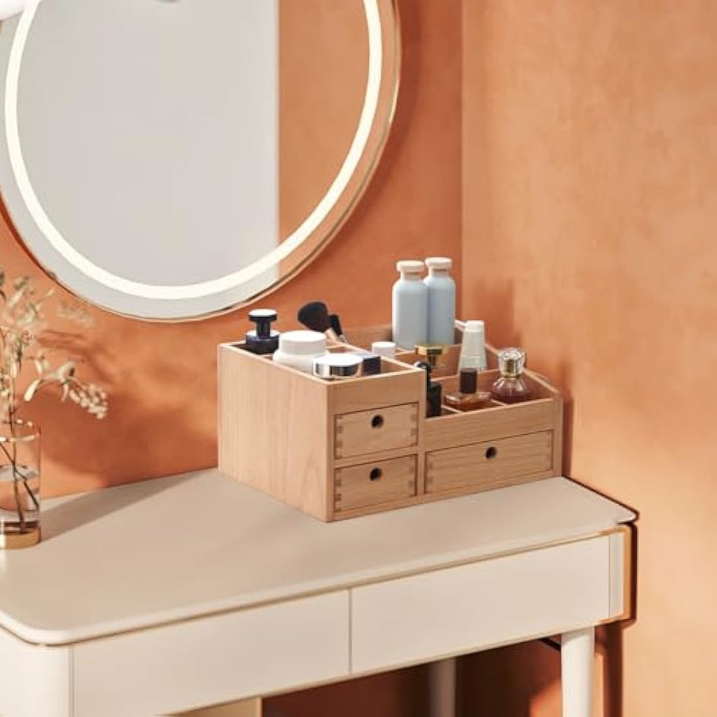 KIRIGEN Wooden Makeup Organizer | 3-Drawer Large Cosmetic Storage Box