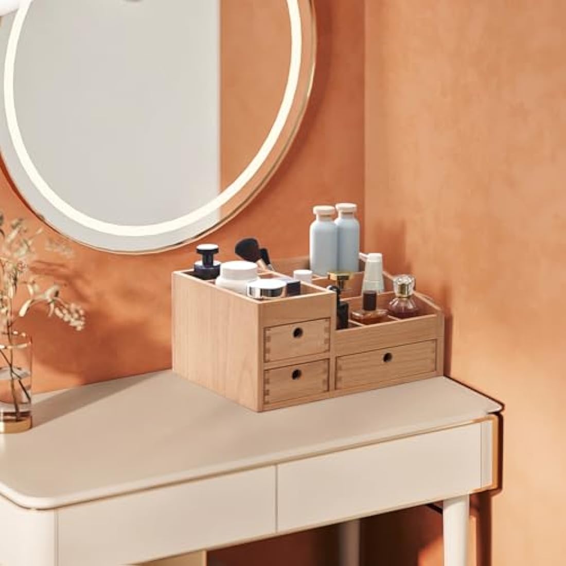 KIRIGEN Wooden Makeup Organizer | 3-Drawer Large Cosmetic Storage Box