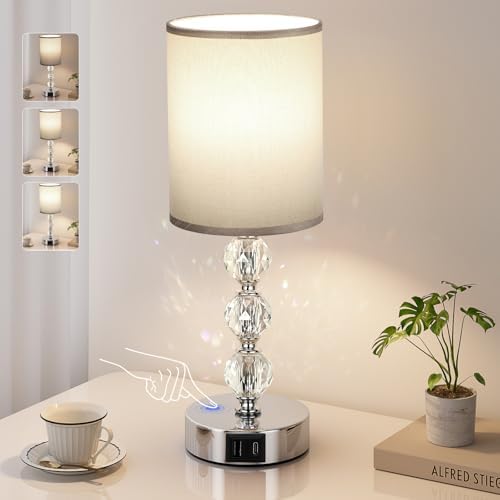 Aooshine Crystal Grey Touch Table Lamp | 3-Way Dimmable with USB C+A Ports