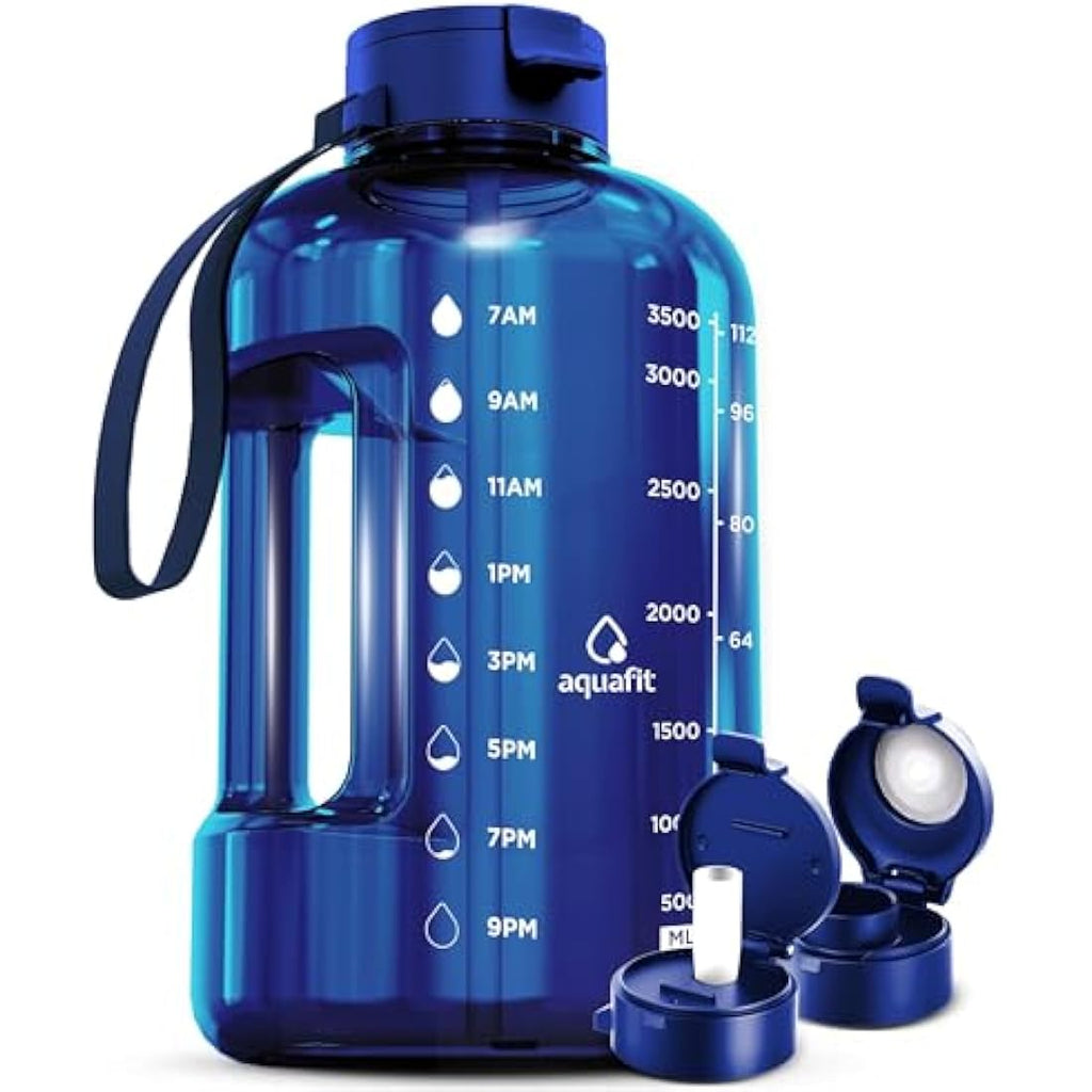 AQUAFIT 4L Motivational Water Bottle with 2 Lids - Dark Blue